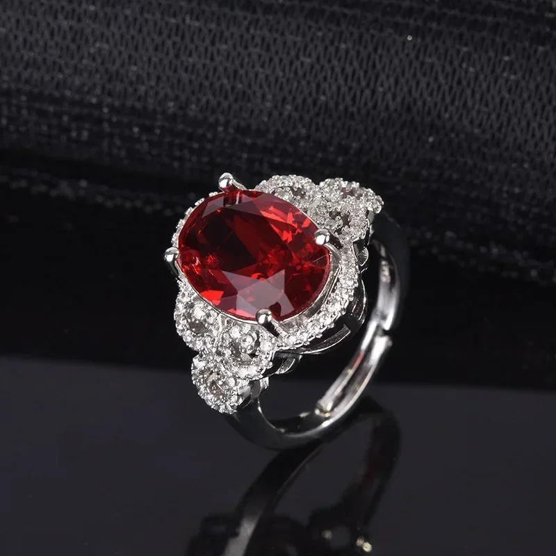 Fashion hollow heart pattern ruby ring elegant light luxury flower texture engagement red diamond ring