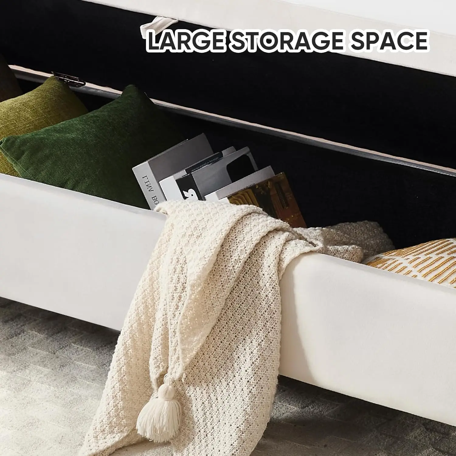 '65' King Size End of Bed Storage Bench, Tufted Button Upholstered Ottoman, Gold Legs, Beige'