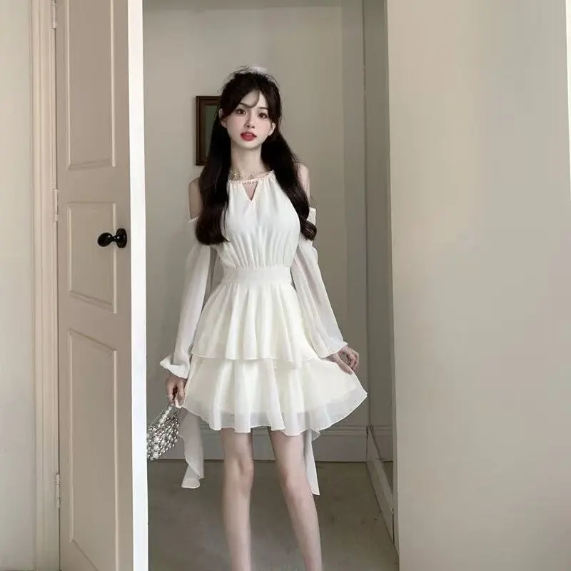Women's White Cold Shoulder Mini Dress Beaded Halter V Neck Long Puff Sleeve Layered Ruffle Hem Chiffon Dress for Summer Party