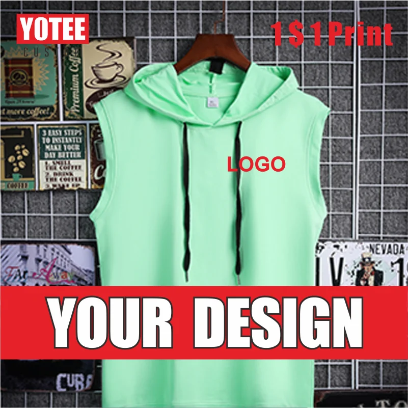Майка YOTEE Мужская спортивная с капюшоном, хлопковая тенниска без рукавов, майка для бега и бодибилдинга, индивидуальный логотип