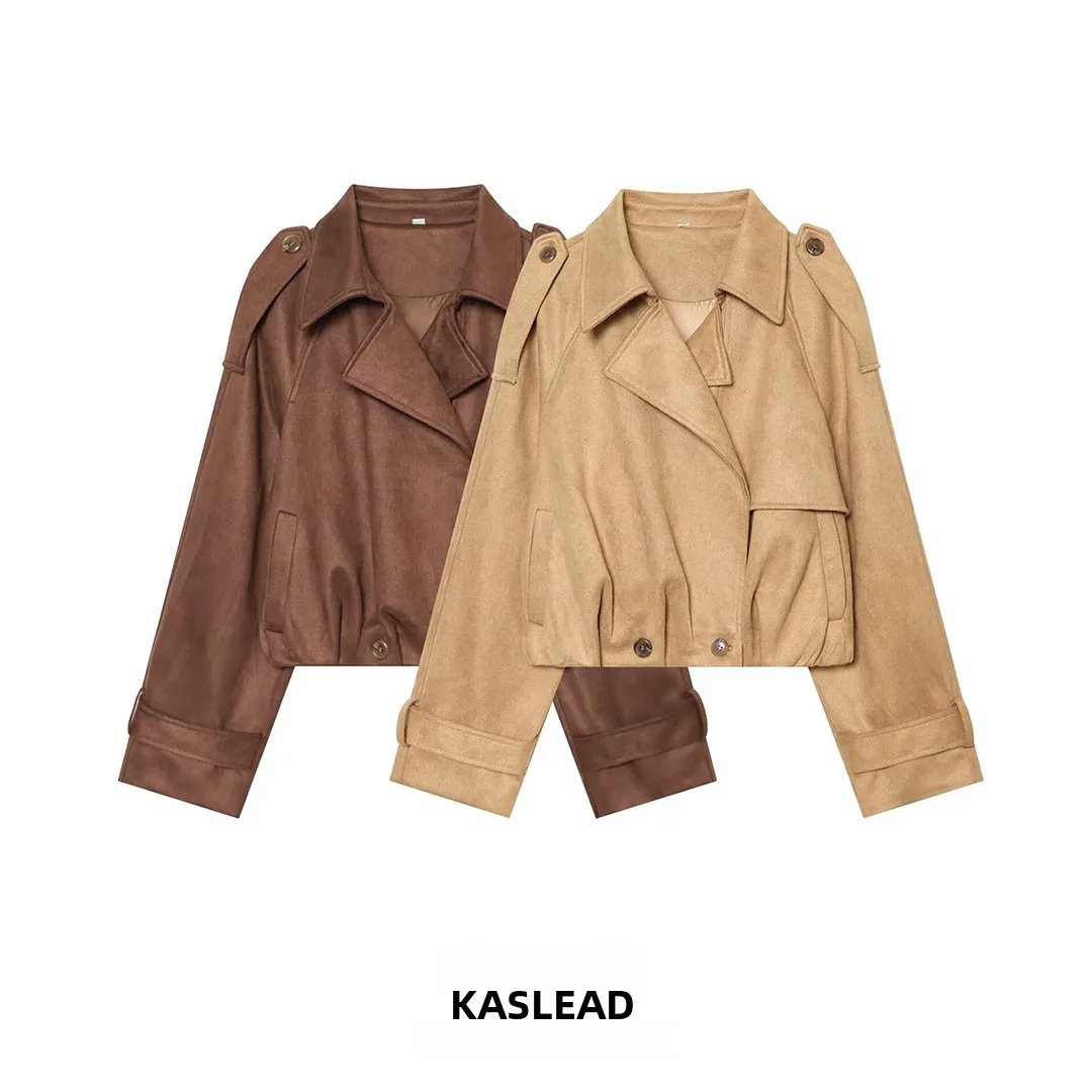 KASLEAD New Women's Fashion Short Suede Jacket Two Colors Versatile High-End Feelings European Style Long Sleeve Polyester