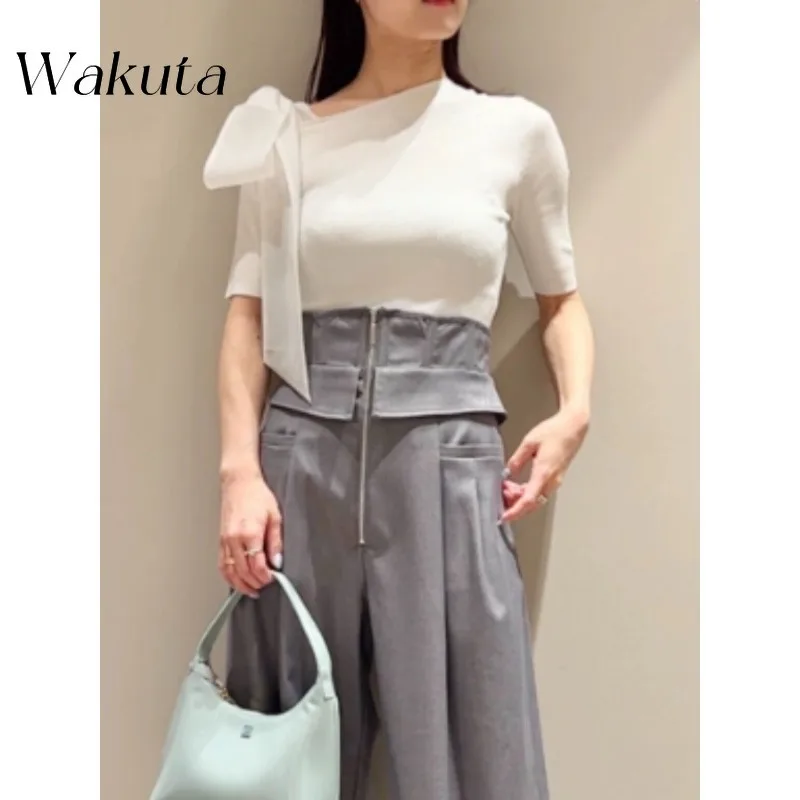 WAKUTA Japanese Sweet Round Neck Bow Single Shoulder Sleeves Knit Elegant Ladies Slim Fit Solid Tanks Poleras De Invierno Mujer