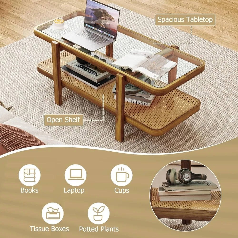 طاولة قهوة الروطان، طاولة قهوة مستطيلة من الخشب الصلب 47.5، مع سطح من الزجاج المقسى ورف تخزين من الروطان PE #6