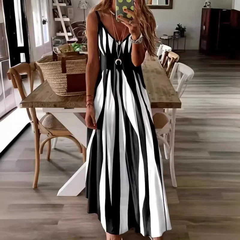 Directional Printing Spring Summer New V-Neck Maxi Dress