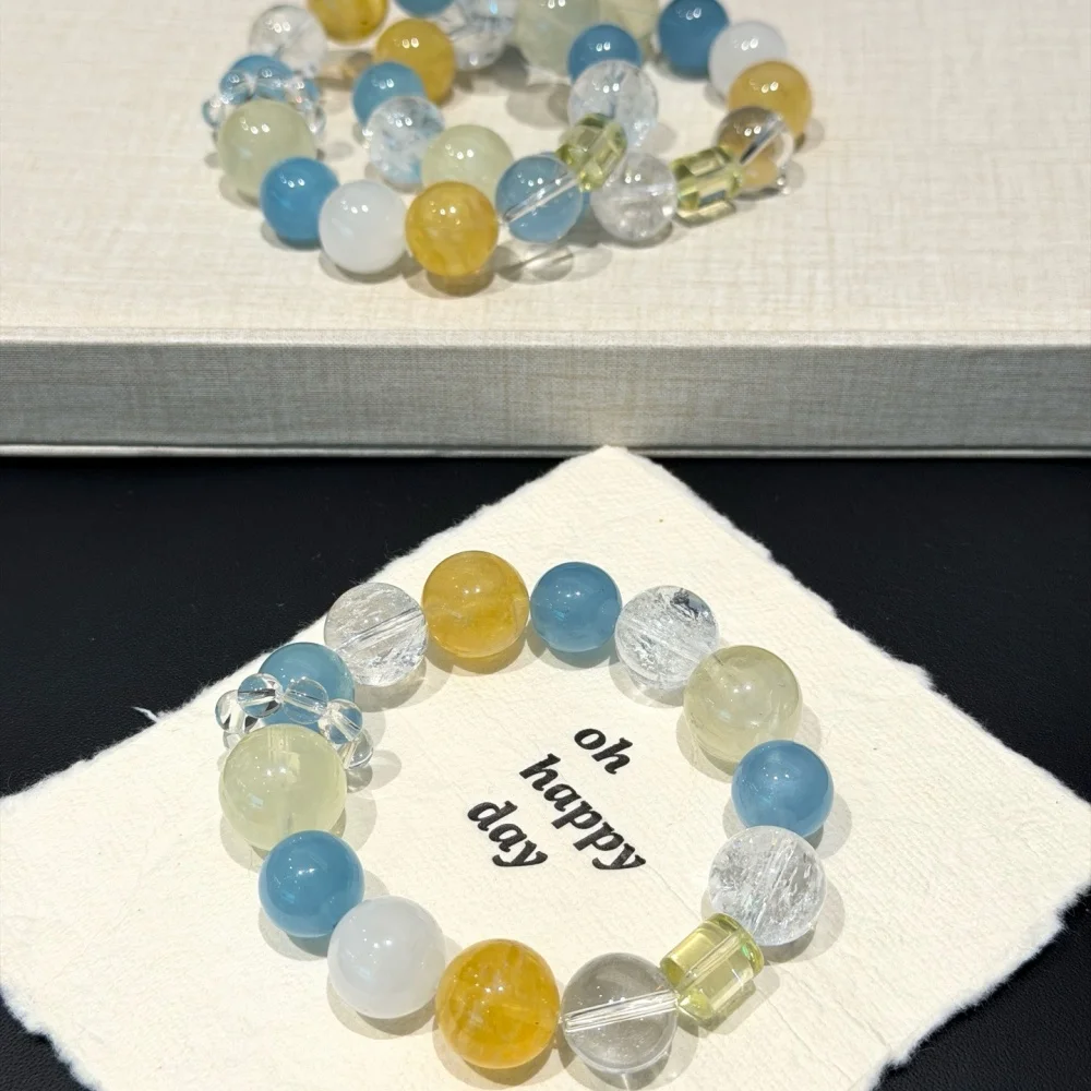 Natural Aquamarine White Garden Quartz Snowflake Bead Bracelet Women Reiki Healing Strand Bangles Jewelry For Female Gift 1PCS