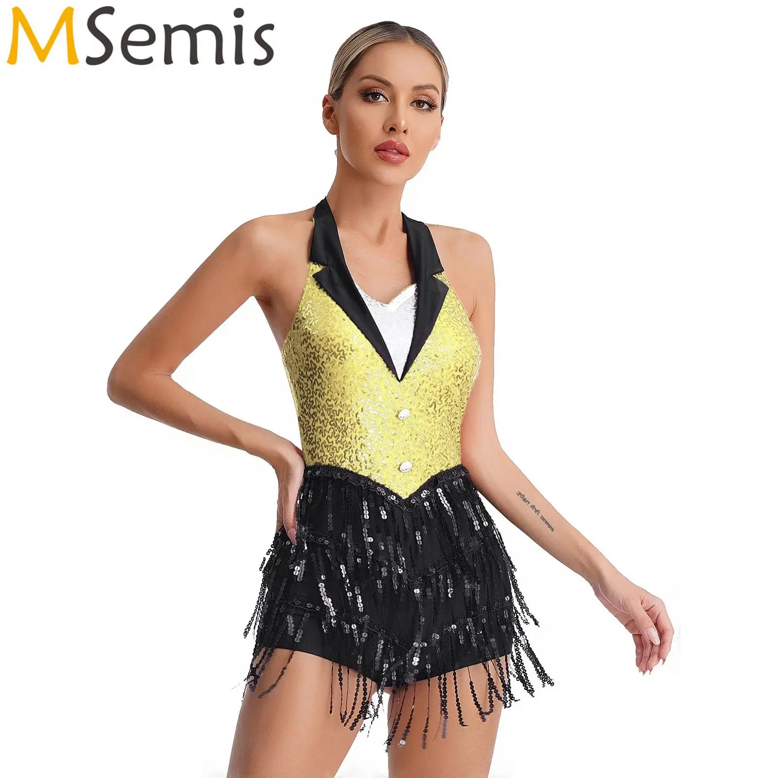 

Womens Halter Backless Tassel Leotard Fringe Jumpsuit Sparkly Sequins Ballet Jazz Tango Latin Dance Leotard Performance Costume