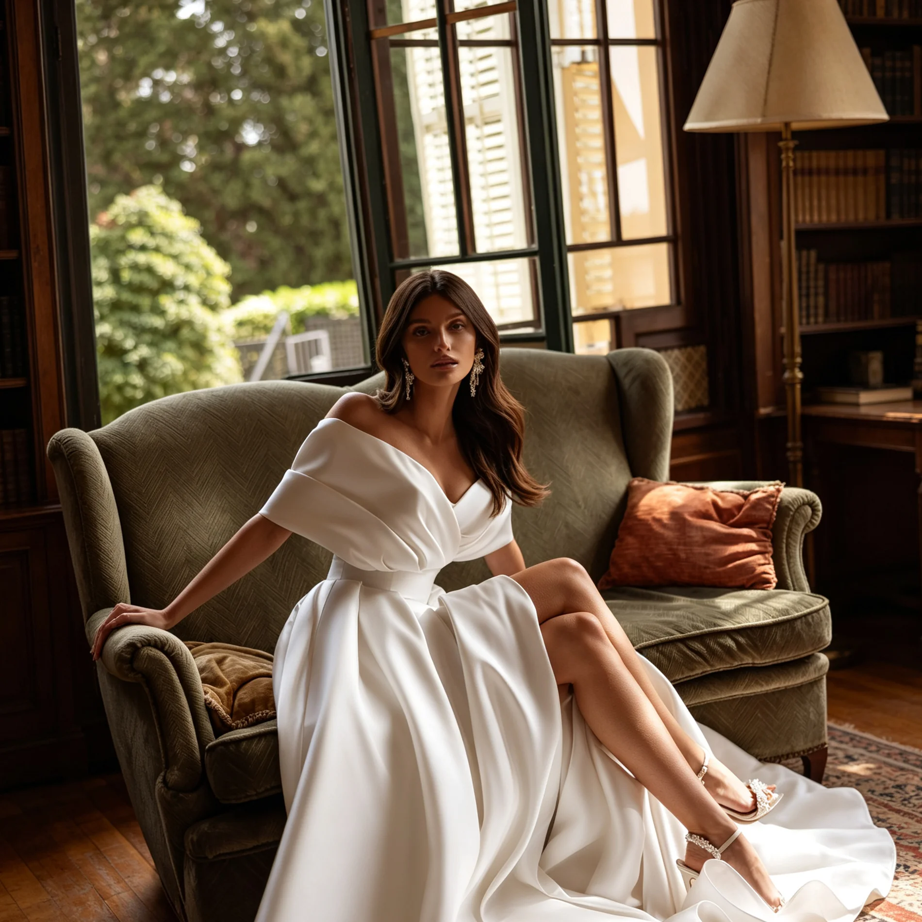 Elegant Off Shoulder Satin Wedding Dress With Pockets High Slit A Line Bridal Gown Chapel Train Custom Made Vestido De Novia2026