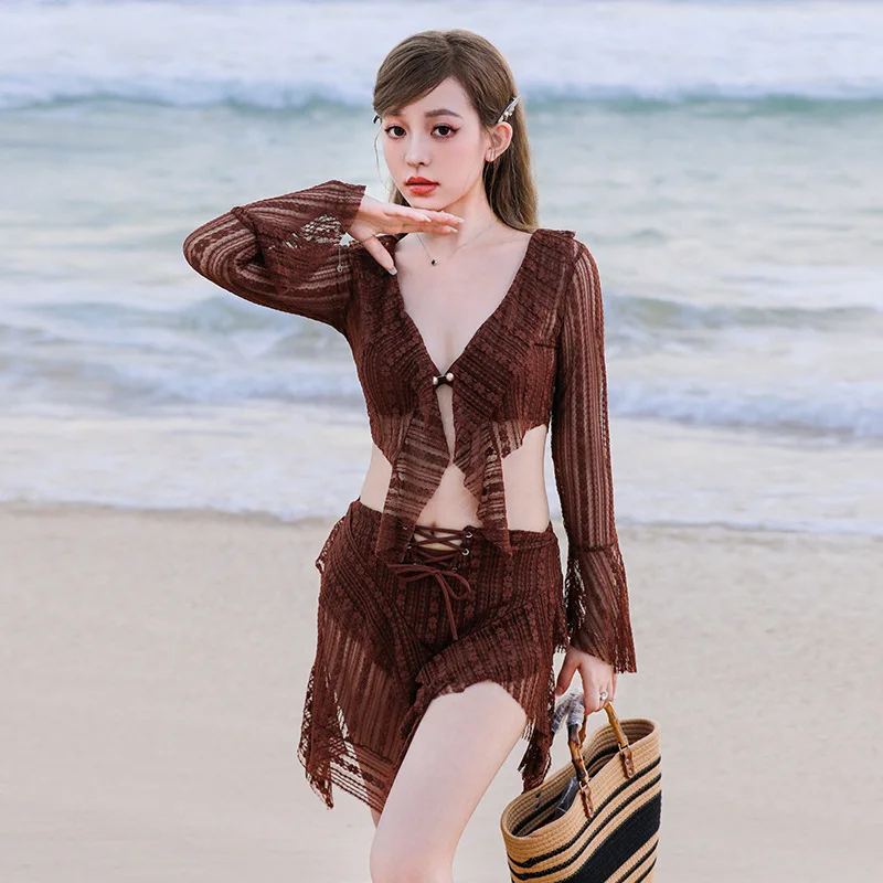 2024 Korean Style Swimwear 3 Piece Swimsuit Mesh Cardigan And Bikini Set Summer Beach Wear Swimsuit Dress Set With Cover Up