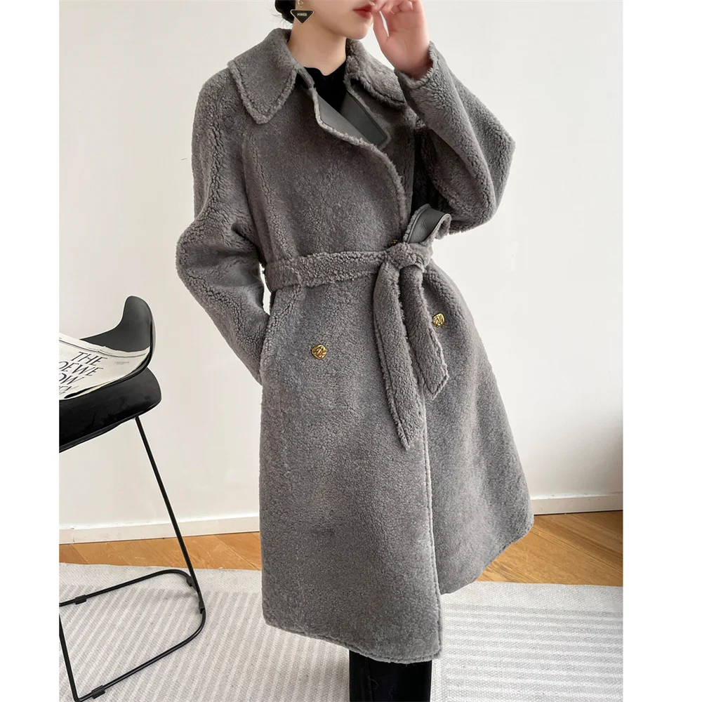 

2023 Women Long Winter Warm Thicken Real Fur Clothing Gray Color Genuine Leather Natural Fur Shearling Overcoats