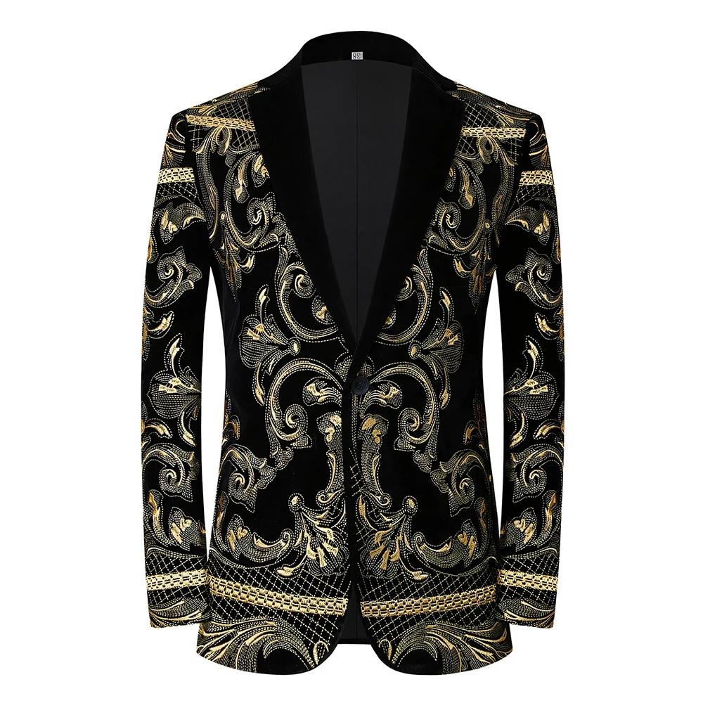 

High Quality Floral Embroidery Black Velvet Suit Jackets Men's Wedding Groom Banquet Blazer Singer Host Stage Performance Tuxedo