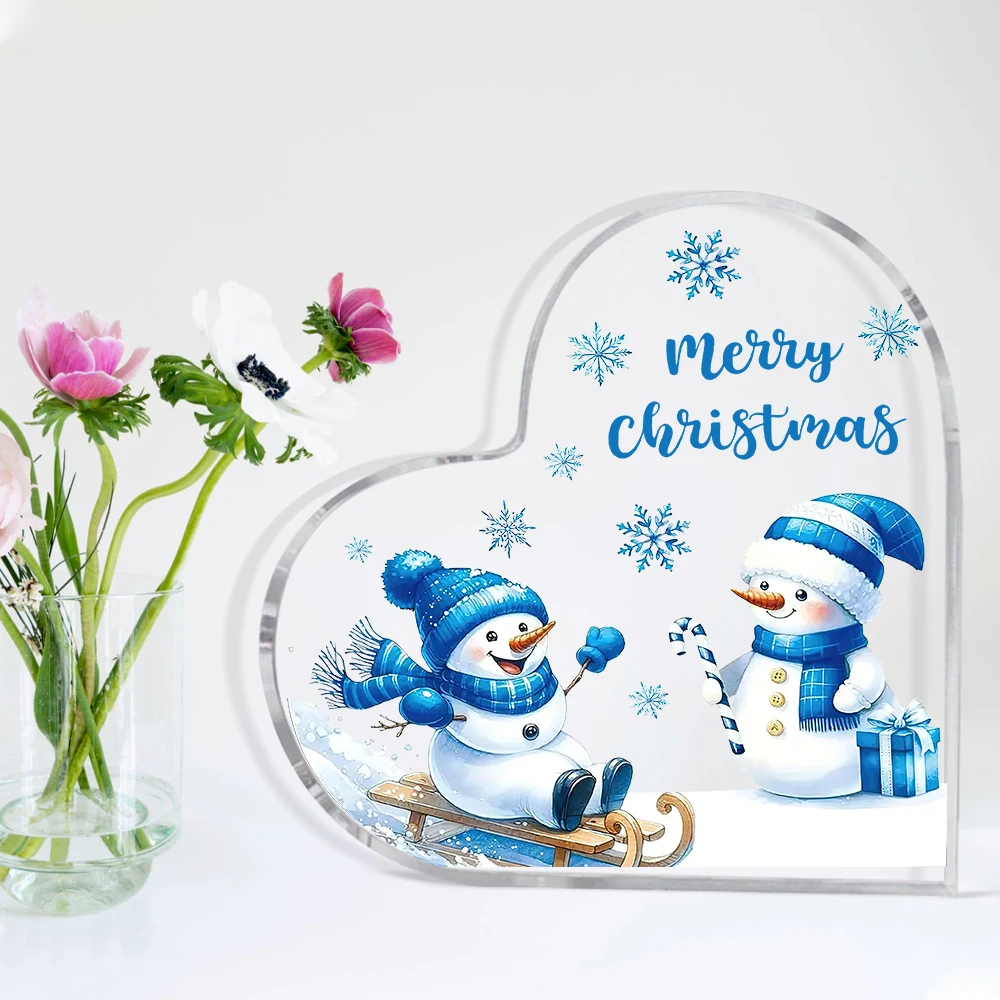 Classic Style Merry Christmas Snowman Acrylic Ornament - Heart-Shaped Festive Decoration, Power-Free Home & Office Decor - view 5