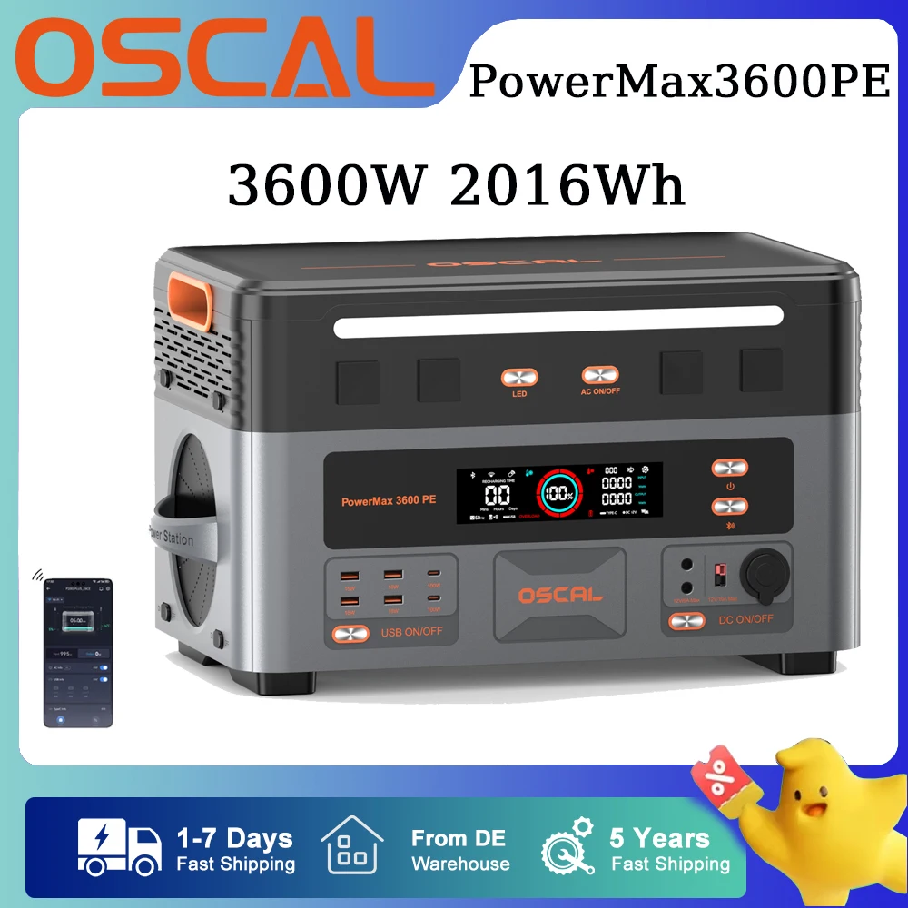 Centrale Électrique Portable OSCAL 3600W PowerMax 3600PE 2016Wh, Générateur Solaire avec Batterie LiFePO4, Contrôle et Surveillance par Application Intelligente pour VR