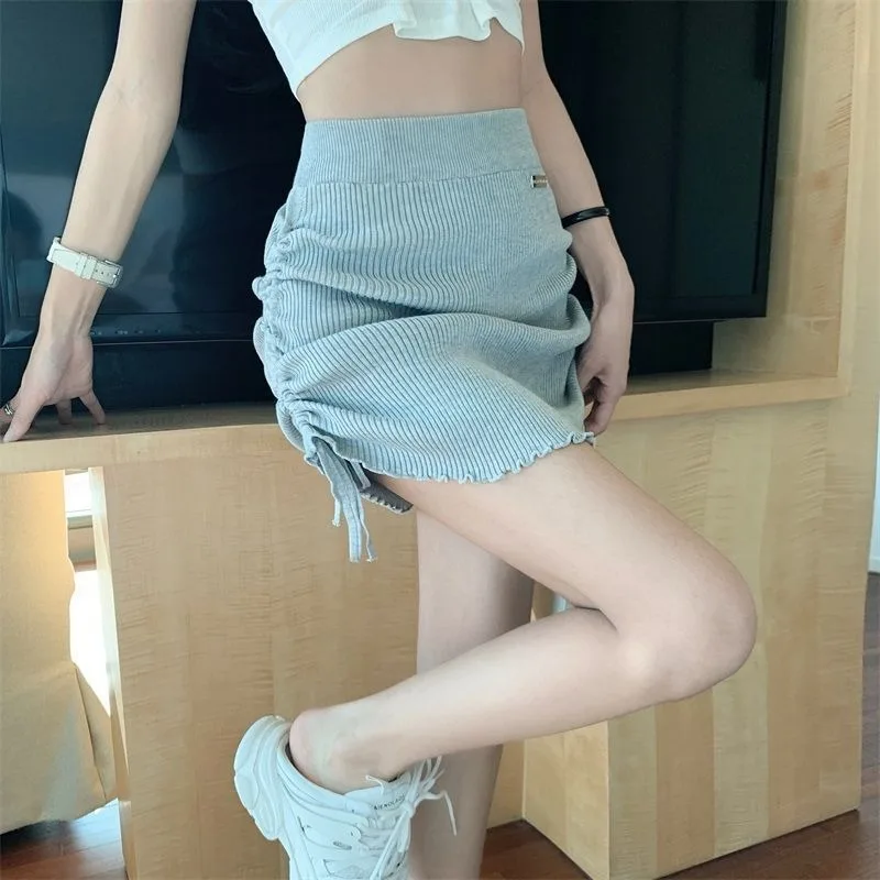 Gray Folds Side Drawstring Skirt Women's Summer Spice Girls Solid Color High Waist A-line Sexy Versatile Casual Skirts Female