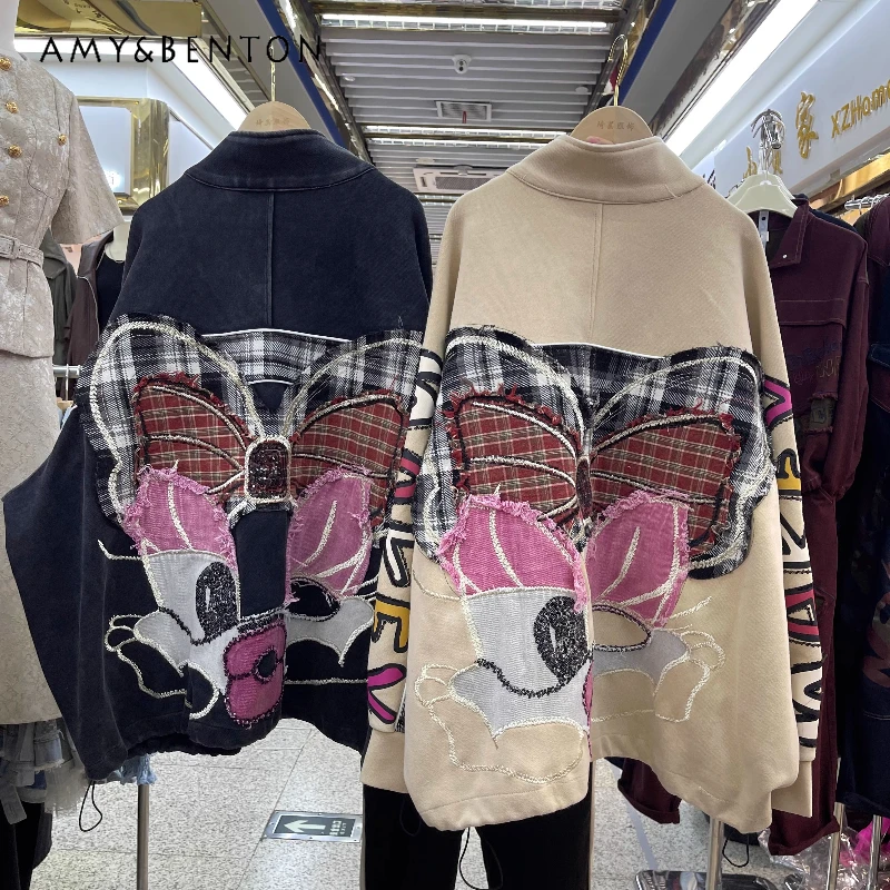 

Mid-Length Cartoon Heavy Industry Stand Collar Vintage Sweatshirt Jacket 2025 Autumn New Sweet Loose Long Sleeved Hoodies Coat