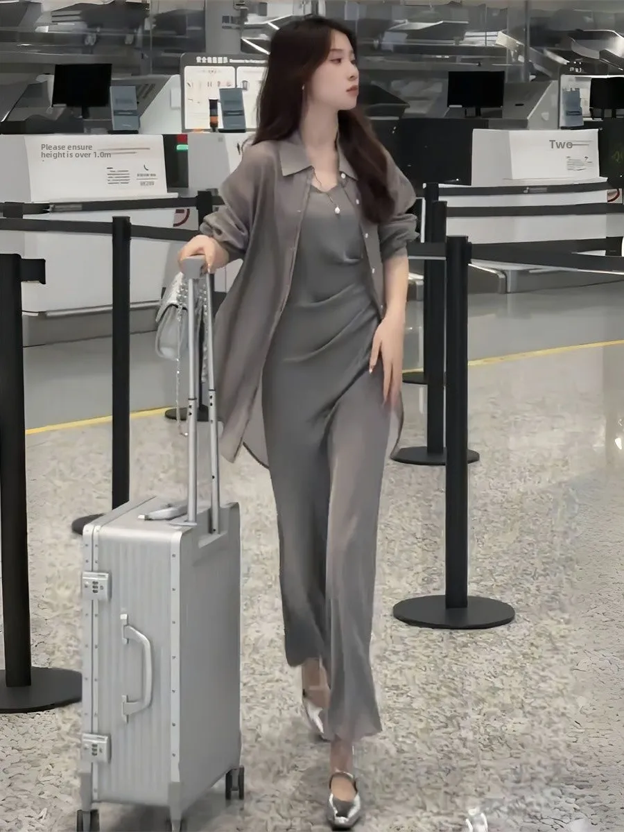 

Spring Summer 2026 Fashion Lightweight Asymmetrical Sun Protection Shirt And Halter Dress Set Women Elegant Style Casual Wear