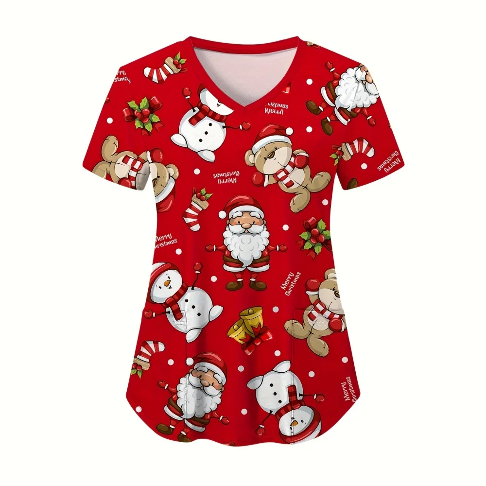

Christmas Scrubs Uniform Woman Snowman Cartoon Print Fashion Short Sleeve with Pockets Nurse Clothes Dentist Clinical Uniforms