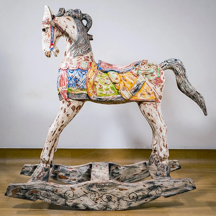 Solid wood carving Trojan horse Children's rocking horse Birthday gift car ornament Rocking chair horse Adults