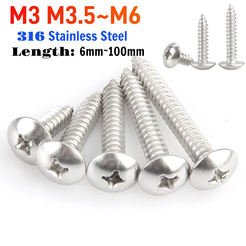 316 Stainless Steel Phillips Truss Head Self Tapping Screw M3 M3.5 M4 M5 M6 Round Head Truss Mushroom Self Tapping Screws