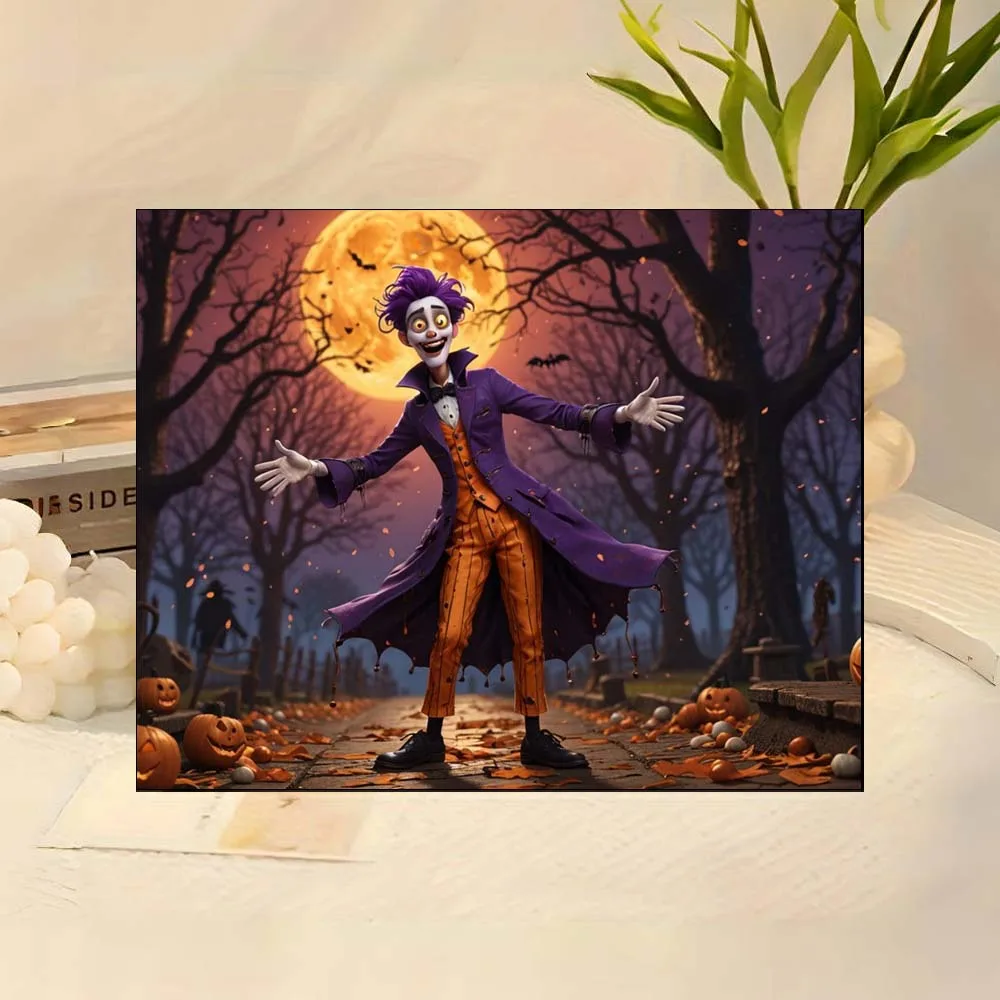 Personaje estilo Tim Burton con pelo morado en escena de Halloween, arte en lienzo para adultos principiantes, juego de pintura al óleo Digital Diy sin marco