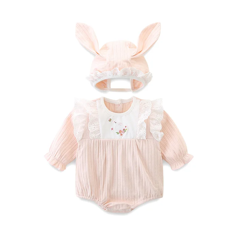 Spring Autumn Cute Long Sleeve Baby Clothing with a Bunny Hat Fashion Pink Romper Newborn Cotton One-Pieces Bodysuits 0-18M