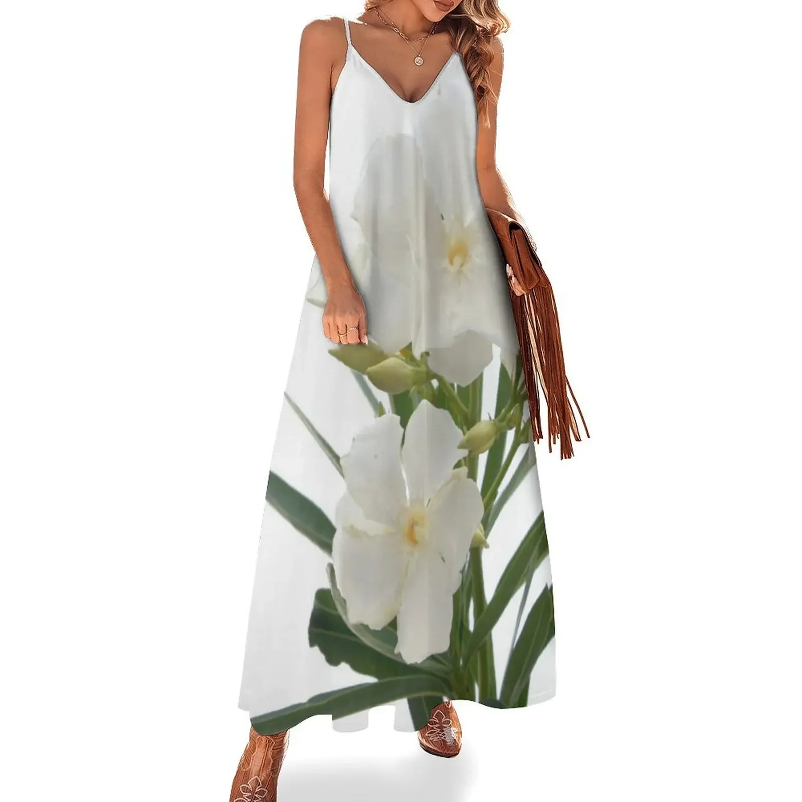 

White Oleander Flowers Close Up Isolated On White Background Sleeveless Dress Bride dresses Dress