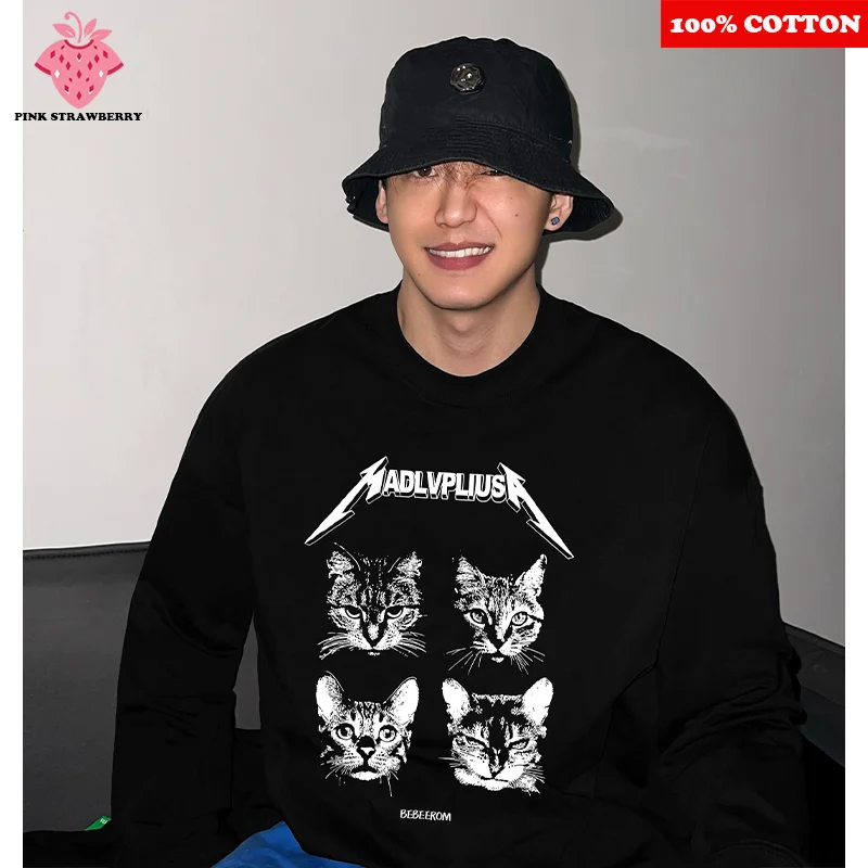 

Street Cat Printed long sleeved T-shirt Men Autumn Winter 2025 New 100%Cotton American HipHop T-shirt Loose Y2k Top men clothing