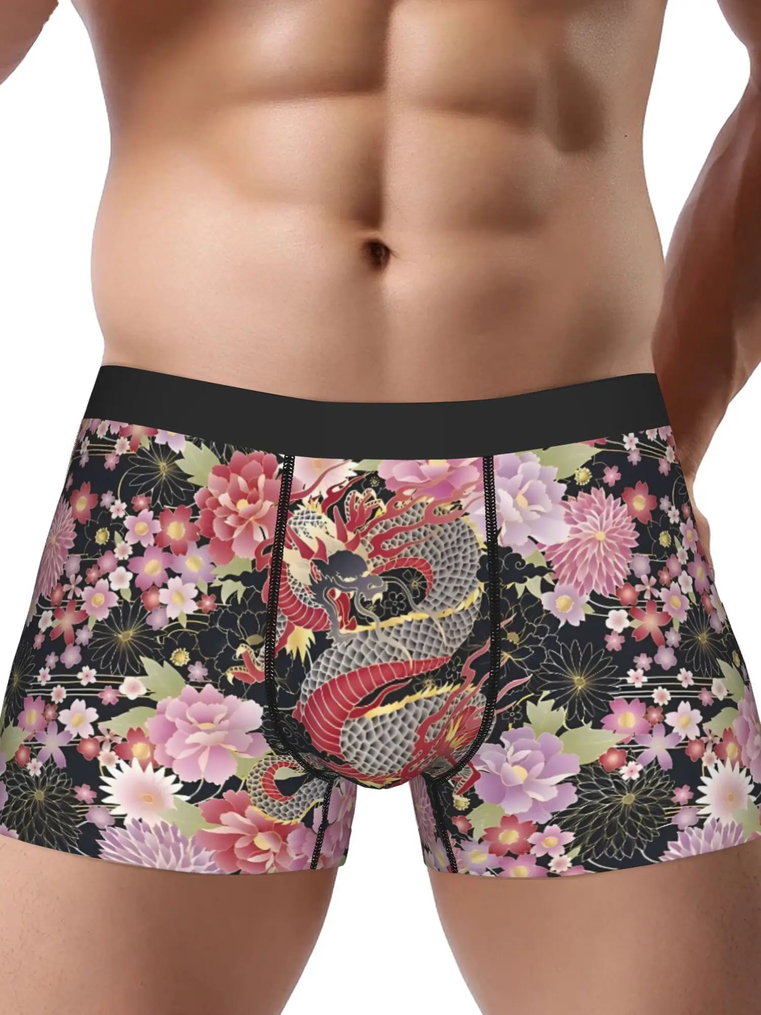 Japanese Dragon Floral Kimono Unique Underwear Design Comfortable Men's Boxer Briefs Machine Washable