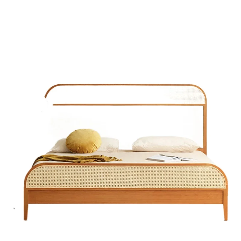

Japanese retro rattan cherry wood solid wood furniture small apartment 1.5 meters 1.8 master bedroom double bed wedding bed