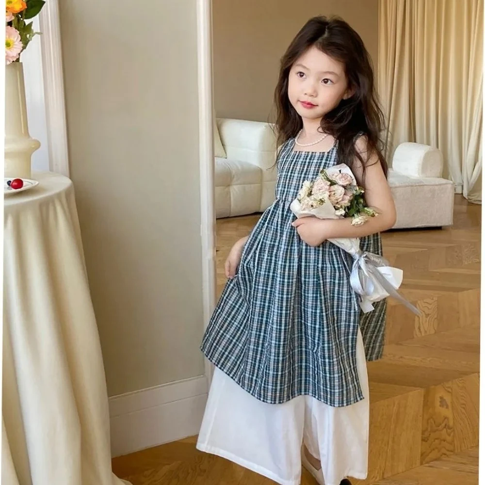 Kids Summer Fashion Sleeveless Square Neck Plaid Smock + Loose Pant 2 Pcs Set 3-7 Years Girls Daily Casual Clothes
