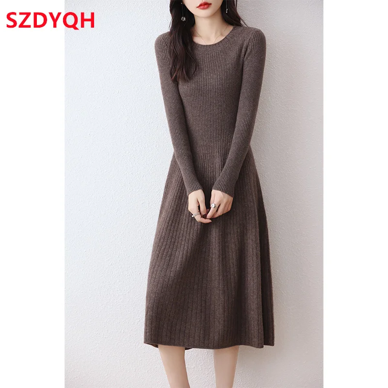 2023 Autumn Winter High Elasticity 100% Wool Thicken Sweater Dress Women Warm Slim Dresses Female Casual Basic Knitted Pullover