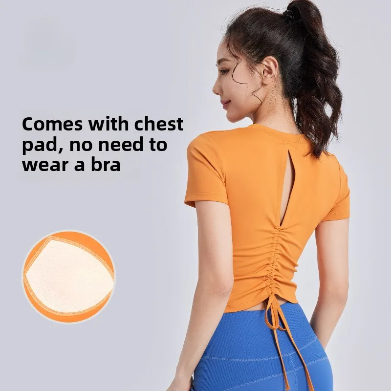Spring and Summer 2026 Women's Yoga Wear Short-sleeved T-shirt Integrated Chest Pad Fitness Beautiful Back Sports Top Round Neck