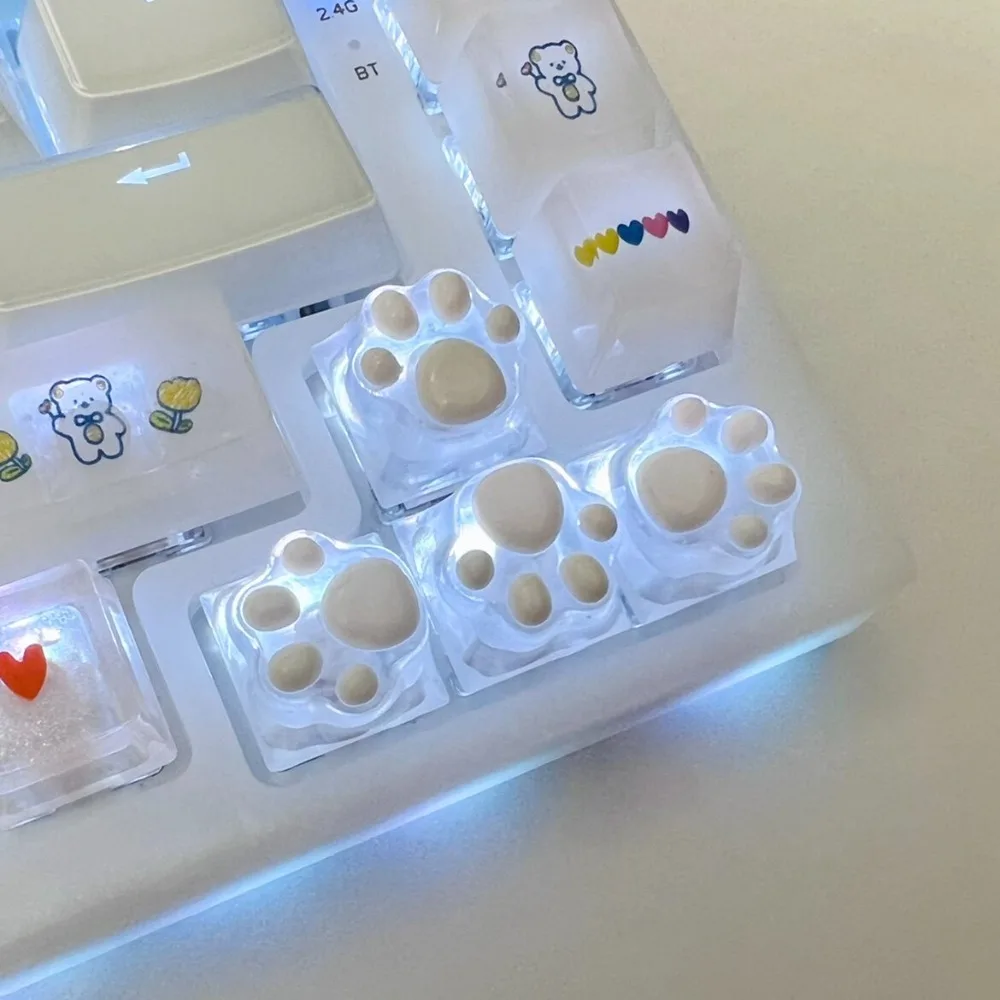 Cat Paw Keycaps Transparent Resin Clear RGB Backlit 4pcs MX Stem for Mechanical Keyboard WASD ESC Arrow Custom Pc Accessories