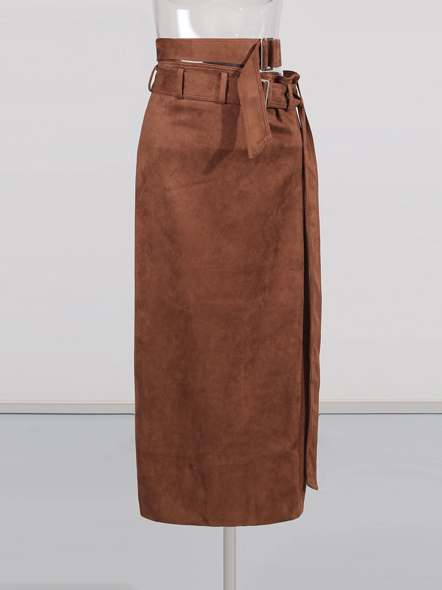 CHICEVER Brown Spliced Sashes Chic Skirt Female High Waist Loose Hot Girl Streetwear Women's Long Skirts Autumn Style Fashion