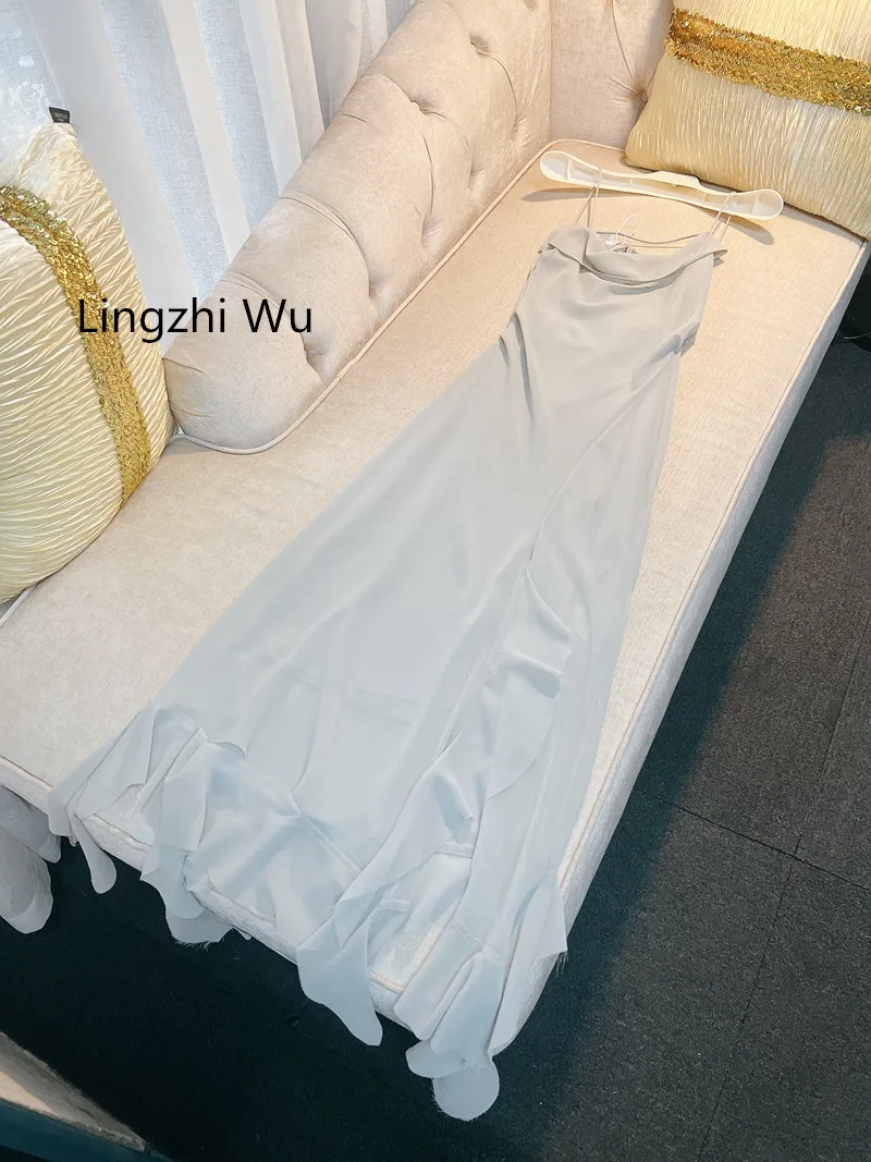 Lingzhi Wu French Elegant Slim Sexy Irregular Long Dress Slit Top Quality Chiffon Long Vestidos Spaghetti Strap Unique Dresses