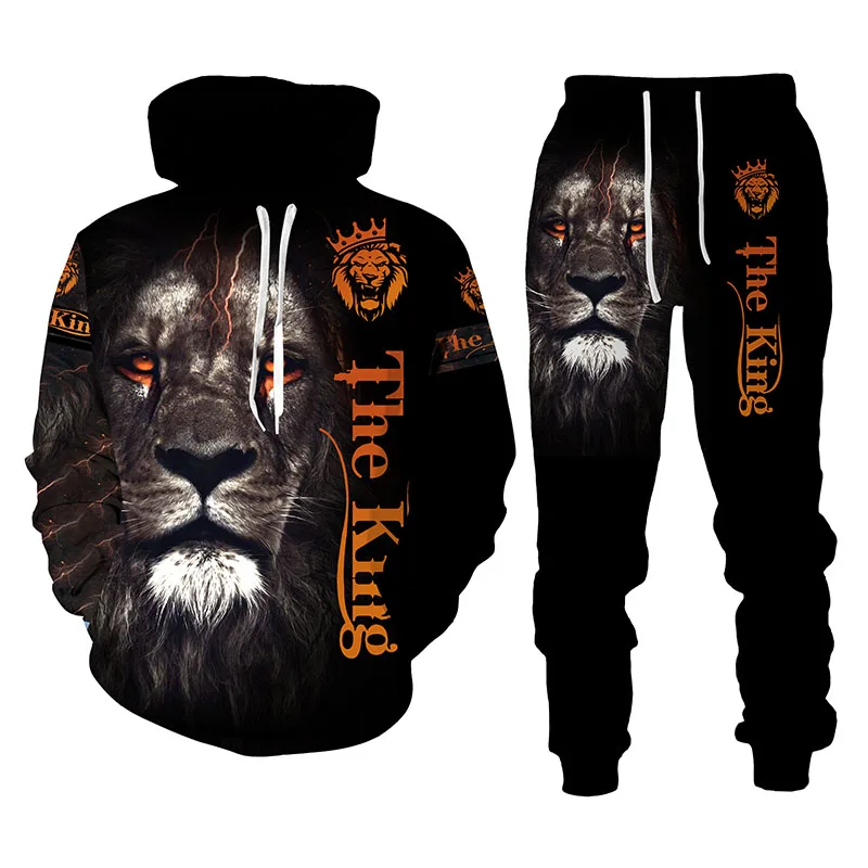 Spring Autumn  3D The Lion King Printed Men\'s Hooded Sweater Set Men\'s Sportswear Tracksuit Long Sleeve Men\'s Clothing Suit