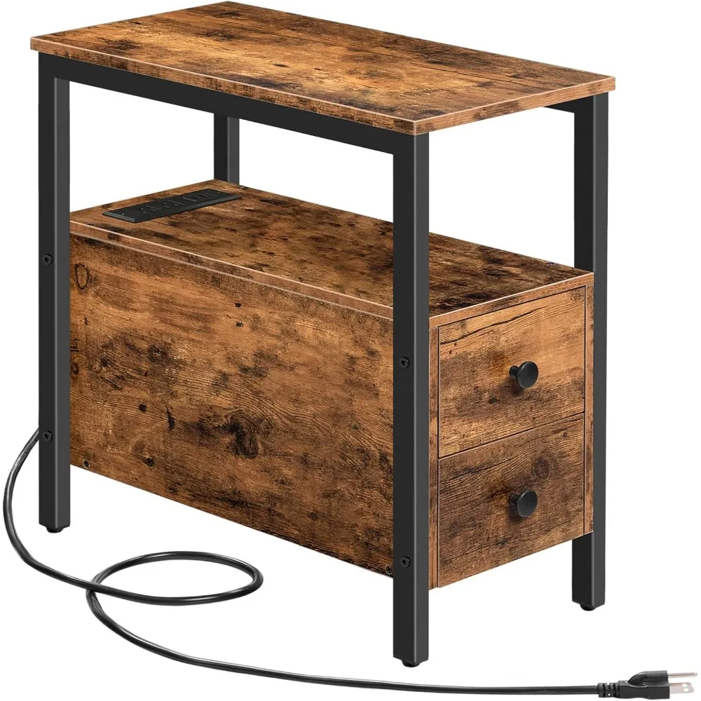 

End Table with Charging Station, Narrow Side Table with 2 Drawer & USB Ports & Power Outlets, Nightstand for Small Spaces, for