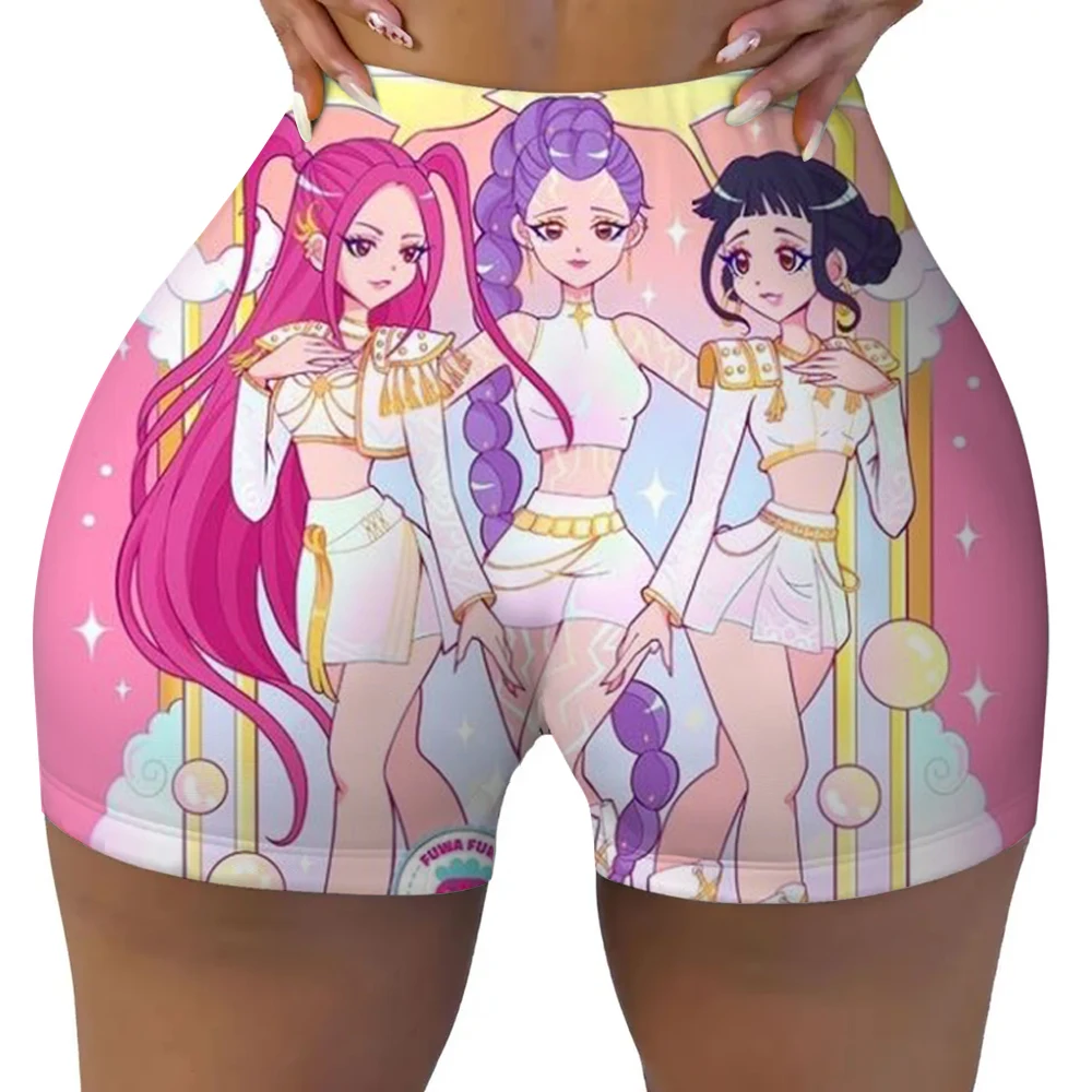 Summer Womens Tight Shorts Broken K-pop Demon HuntersPrinting Fitness Short Pantsstretch Soft Thin Female Sport Swear