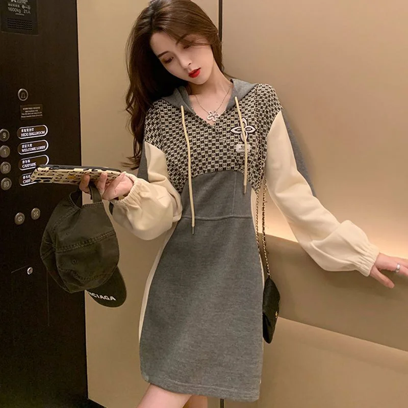 Women's Waist-hugging Hooded Lantern Long Sleeve Contrasting Color French Sweatshirt Dress