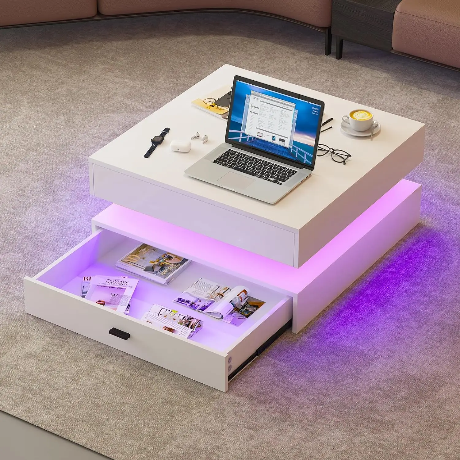 LED Coffee Table for Living Room - 2-Tier Modern High Gloss Square Table with Storage Drawers, 24-Color Adjustable Lights, Conte
