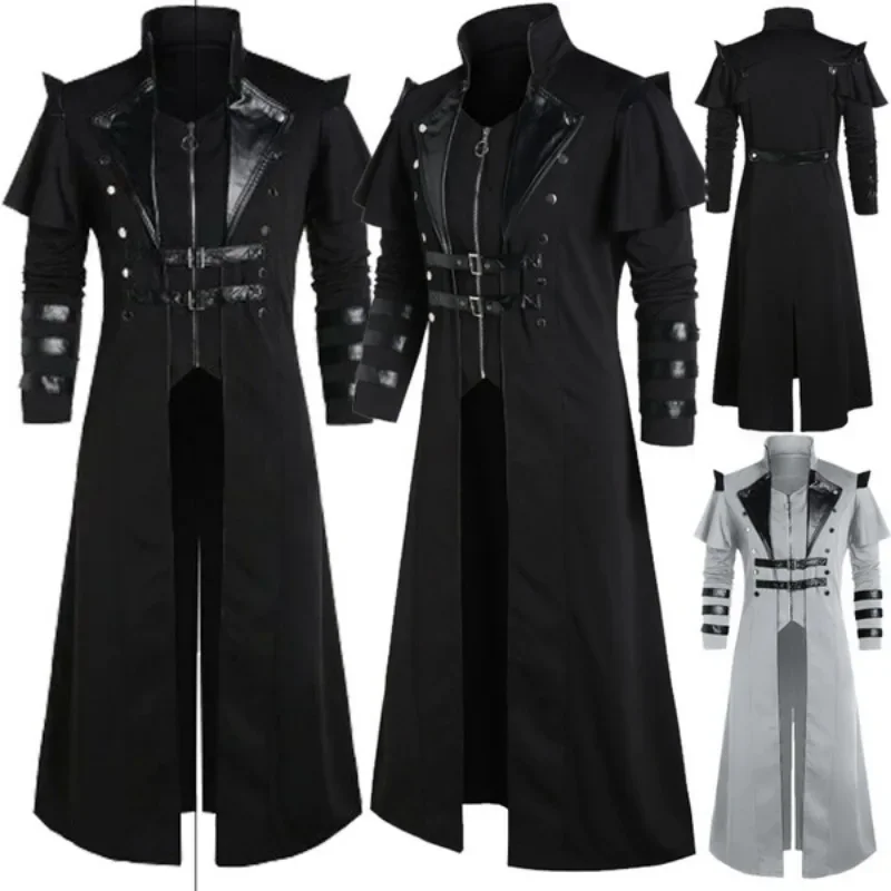 

Vintage Halloween Medieval Steampunk Assassin Elves Pirate Costume Adult Men Black Long Split Jacket Gothic Armor Leather Coats