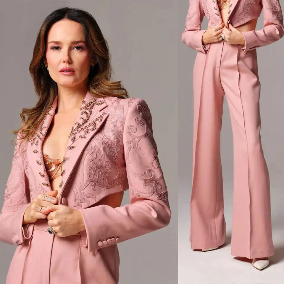Fashion Lace Appliques Suits For Women Notched Lapel Blazers Sets Beaded Office Ladies Work 2 Pieces Customized Jacket
