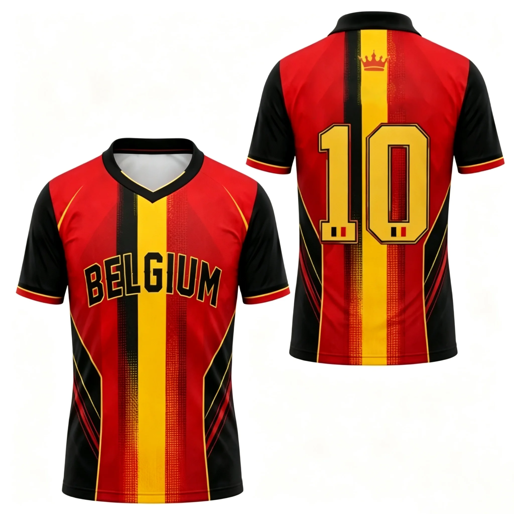 Men's BELGIUM Red Yellow Black Striped Jersey, Quick Dry Short Sleeve Football Supporter T-Shirt For Training Daily Wear