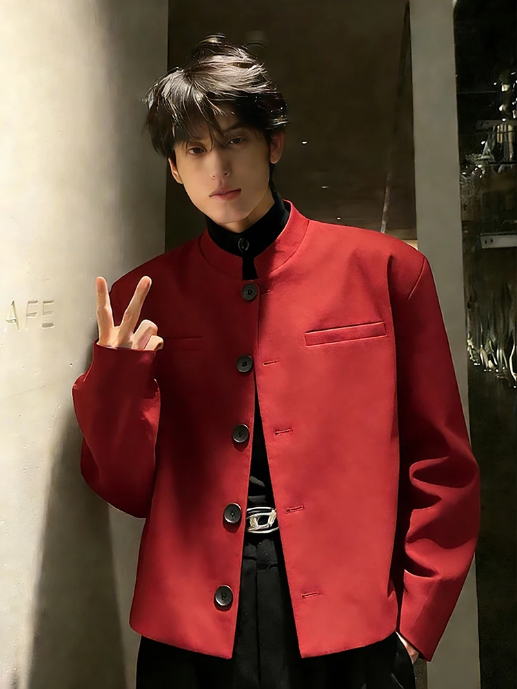 

Красный мужской пиджак-костюм в китайском стиле с подплечниками и воротником-стойкой для свадьбы и помолвки, весна-осень