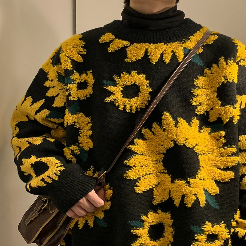 2022 Winter New Style Versatile Sunflower  Warm Round Neck Pullover Jacquard Sweater Couple Long Sleeve Knitwear