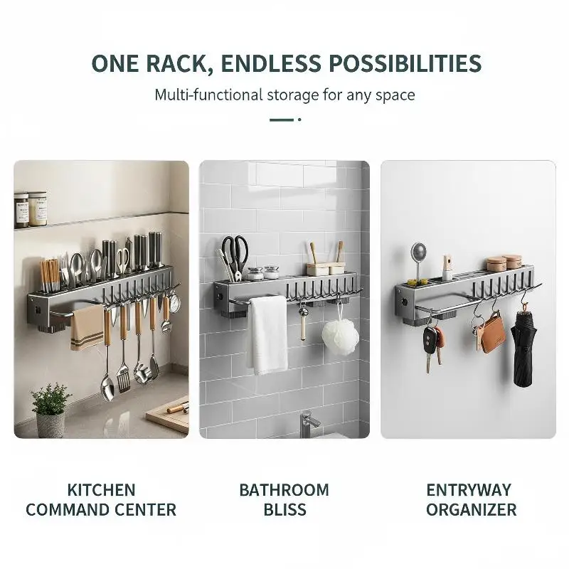 Heavy Duty Carbon Steel Wall Mounted Kitchen Organizer, No Drill Knife Rack for Knives Utensils Cutting Boards, Space Saving