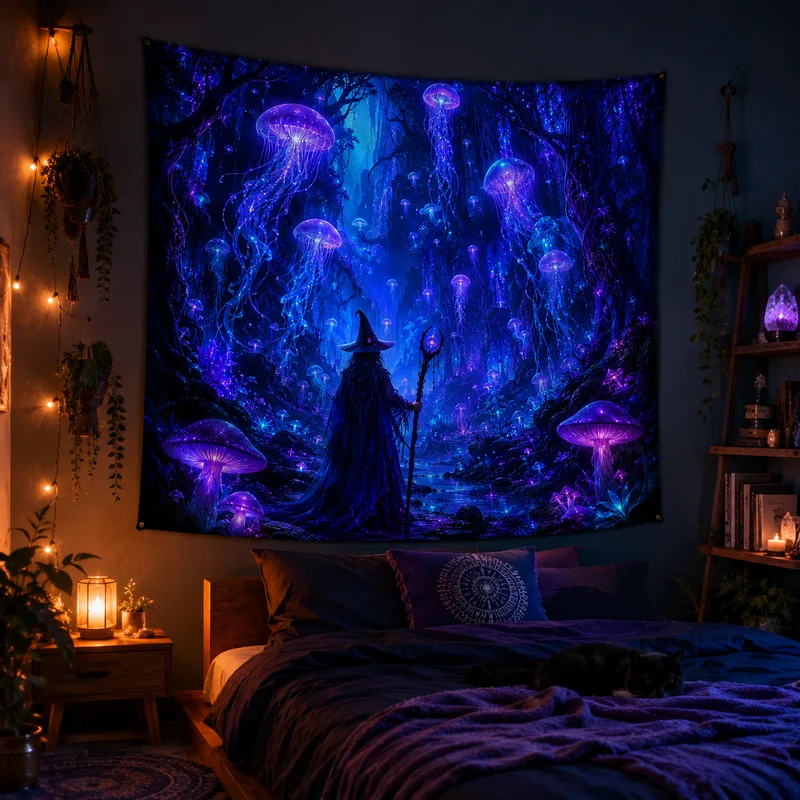 VIKAMA Enchanted Forest Jellyfish Tapestry, Neon-Style Magical Nightscape Wall Hanging, Bedroom Wall Decoration