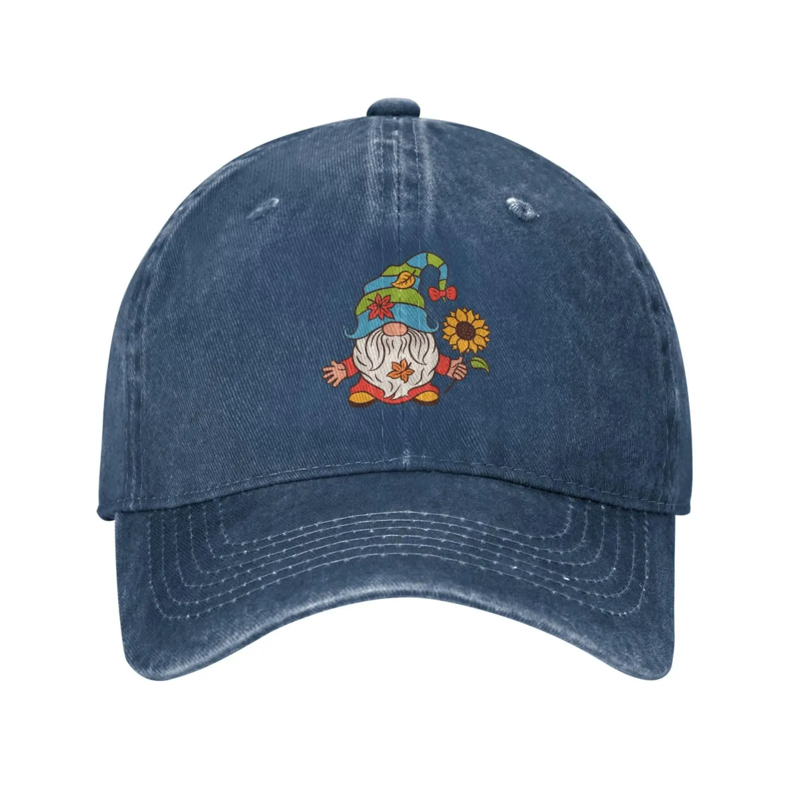 Gnome Sunflower Cute Navy Blue Adjustable Washed Denim Cotton Low Profile Men Dad Trucker Hat Black Baseball Ball Cap for Men