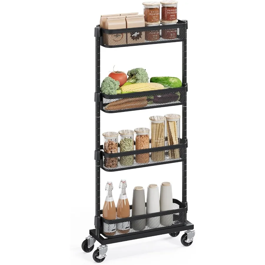 

Slim Storage Cart 4Tier Metal Rolling Cart with Wheels ible Baskets Narrow Cart for Kitchen Bathroom Laundry Room Easy Assembly
