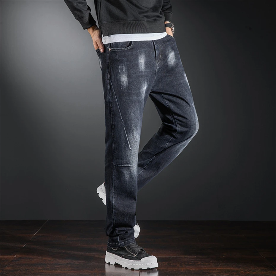 Denim Pants Men Plus Size Jeans Blue Straight Denim Pants Stretch Jeans Fashion Casual Solid Color Trousers Male Big Size