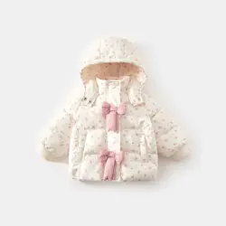 Winter 2024 Girls Plush New Fashion Sweet Floral Cotton Jacket Baby Cotton Hooded Autumn and Winter Bow Coat